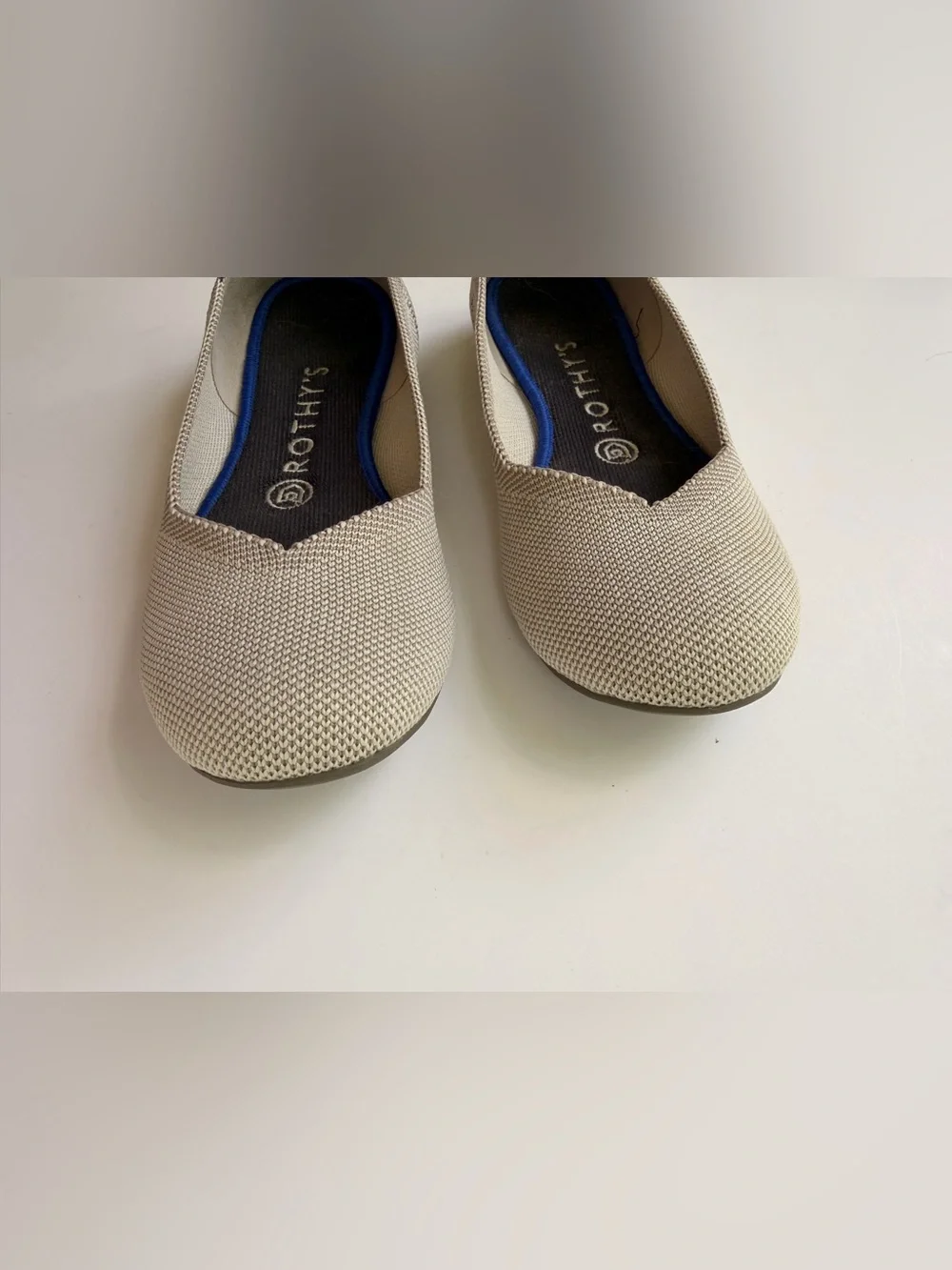 Rothy’s The Flat Flax Light Gray Knit Ballet Flats Blue Halo Trim Size 7.5 EU 38